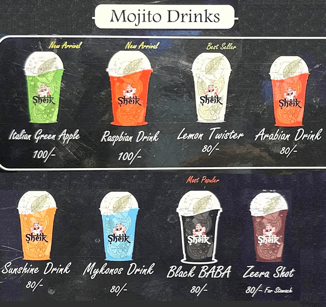 Mojito Drinks menu board at Sheik