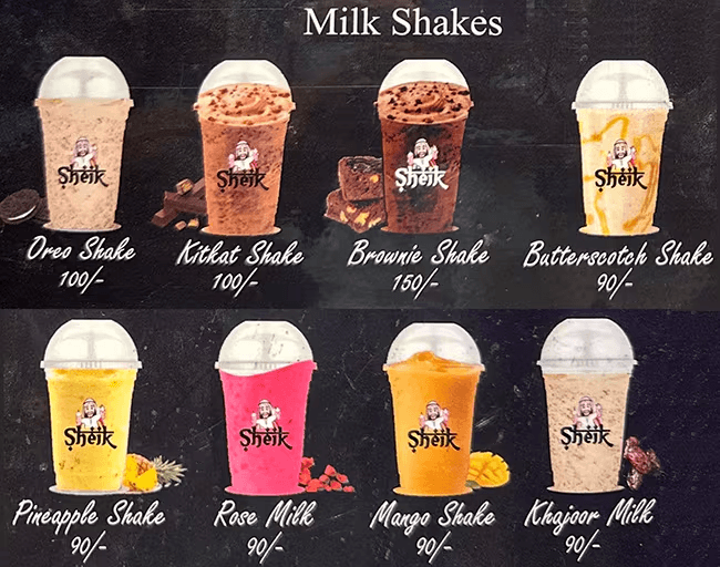 Milk Shakes menu board at Sheik